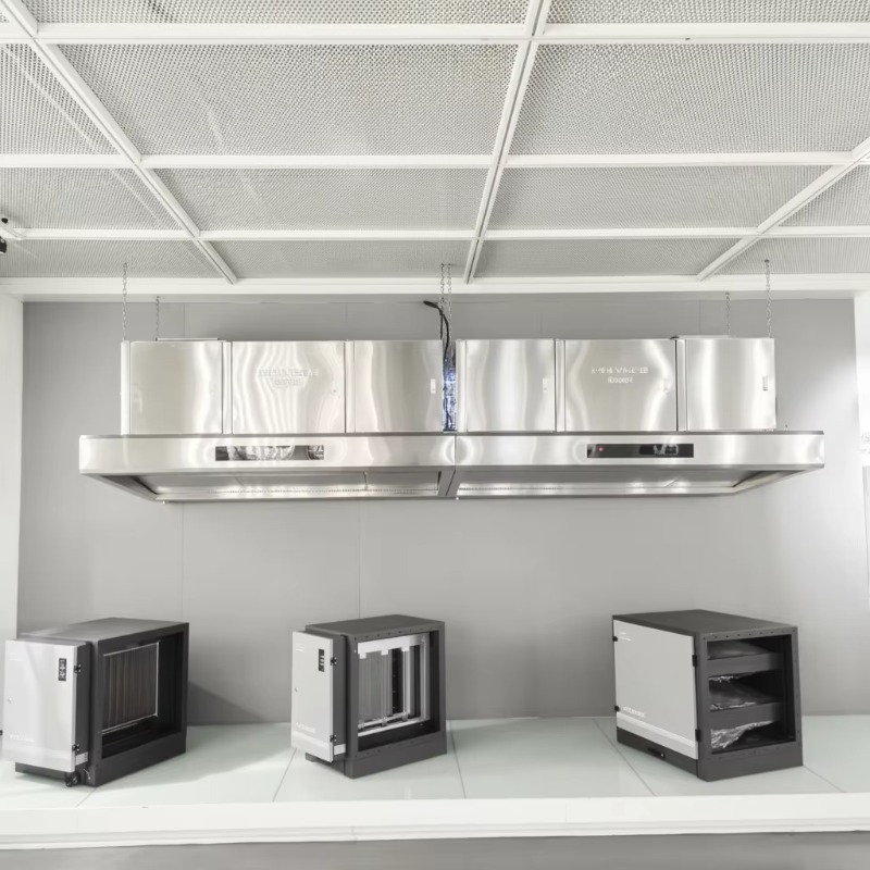 Commercial Kitchen Usa - เครื่องดูดควันครัวสแตนเลส 201 แบบปรับแต่งได้สำหรับเชิงพาณิชย์ พร้อมระบบกรองไฟฟ้าสถิตและระบบระบายอากาศ ประสิทธิภาพ 98%