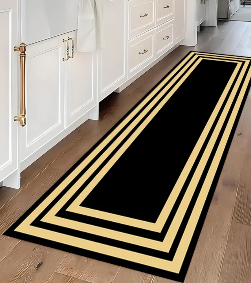 Commercial Kitchen Floor - พรมปูพื้นลายกรีกสีดำทองหรูหรา สไตล์โมเดิร์นมินิมอล กันลื่น สำหรับห้องโถง ห้องครัว พรมปูพื้นสไตล์วินเทจ