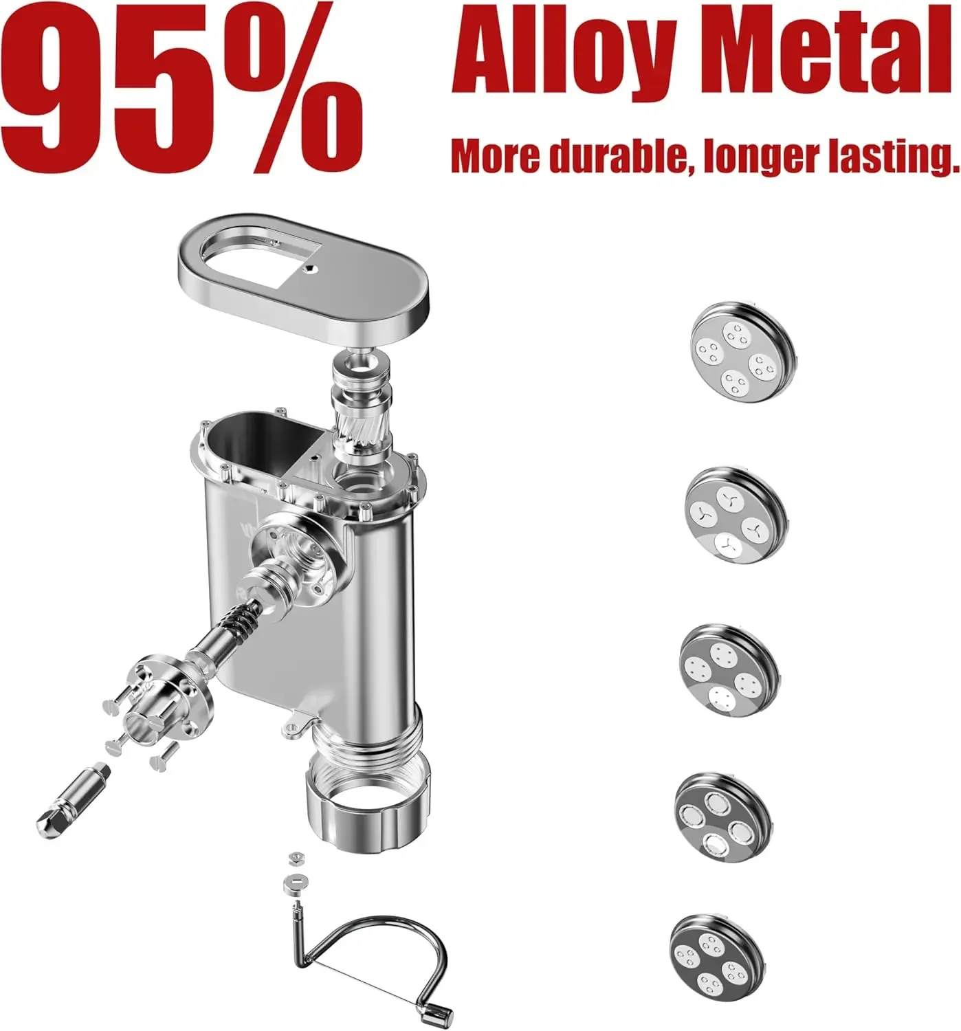 Commercial Kitchen Aid Mixer - อุปกรณ์ทำพาสต้าโลหะแบบหนักพิเศษ, เครื่องกดพาสต้าสำหรับเครื่องผสมอาหารแบบตั้งโต๊ะ พร้อมแผ่นเปลี่ยนได้ 5 แบบ